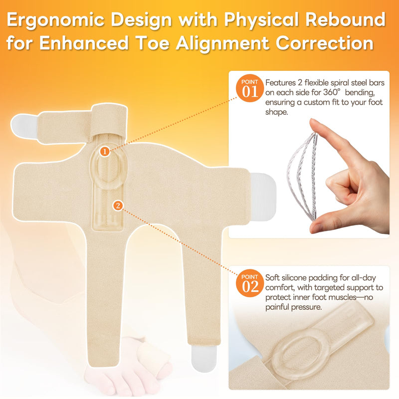 InhwRior Bunion Corrector with 4 Flexible Stainless Steel Strips (2 on Each Side), Silicone Pads for Cushioning, Pain-Free Foot Condition Improvement, Wearable with Shoes,Washable