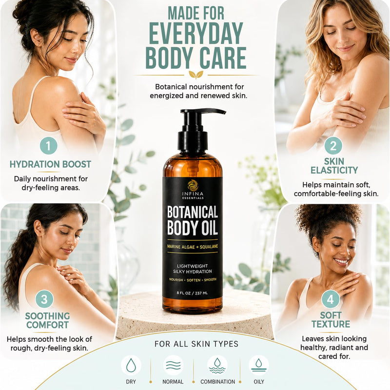 INFINA ESSENTIALS Botanical Body Oil for Dry Skin - 8 fl oz | After Shower, Lightweight Fast-Absorbing Daily Moisturizer with Marine Algae, Squalane & Vitamin E | Silky, Soft, Smooth Skin