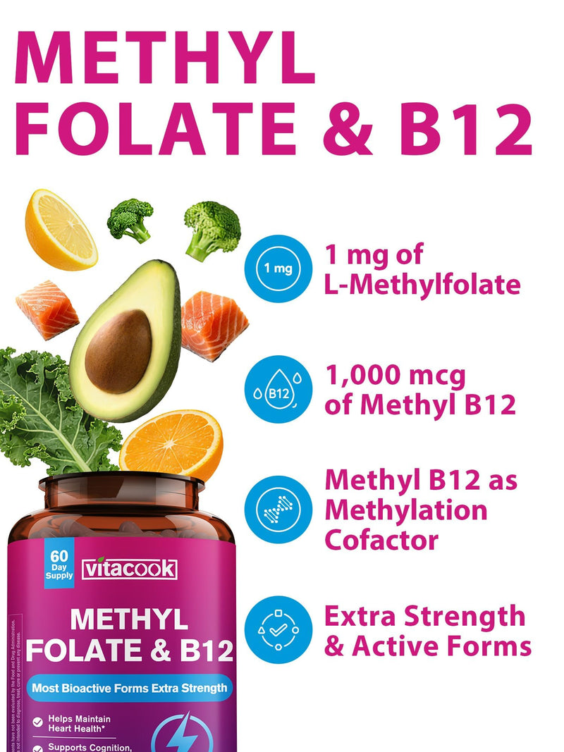 L-Methylfolate Supplement 1000 mcg with Methyl B12 Cofactor, 60ct | High Potency Bioactive Folate & Vitamin B12 1000 mcg , Heart Health, Nerves, Cognition, Energy Metabolism, Mood,
