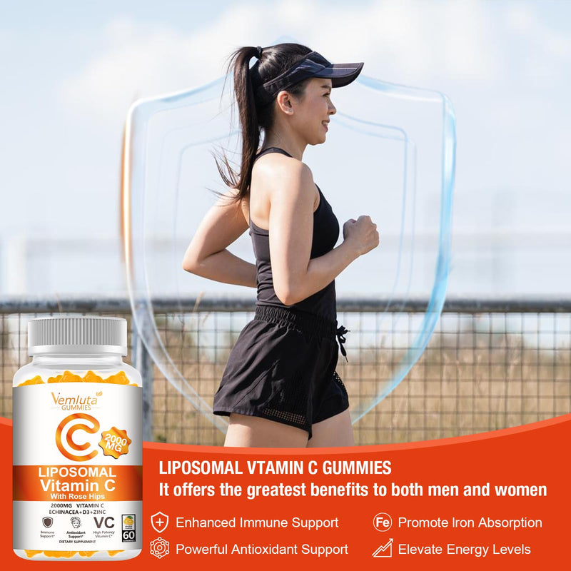 1 Pack Liposomal Vitamin C 2000mg Gummies Complex Rose Hips with D3 5000IU,Elderberry Echinacea,Iron & Zinc for Adults Kids Immune,Antioxidant & Collagen Support,Orange Flavor, 60Count Orange 60 Count (Pack of 1)