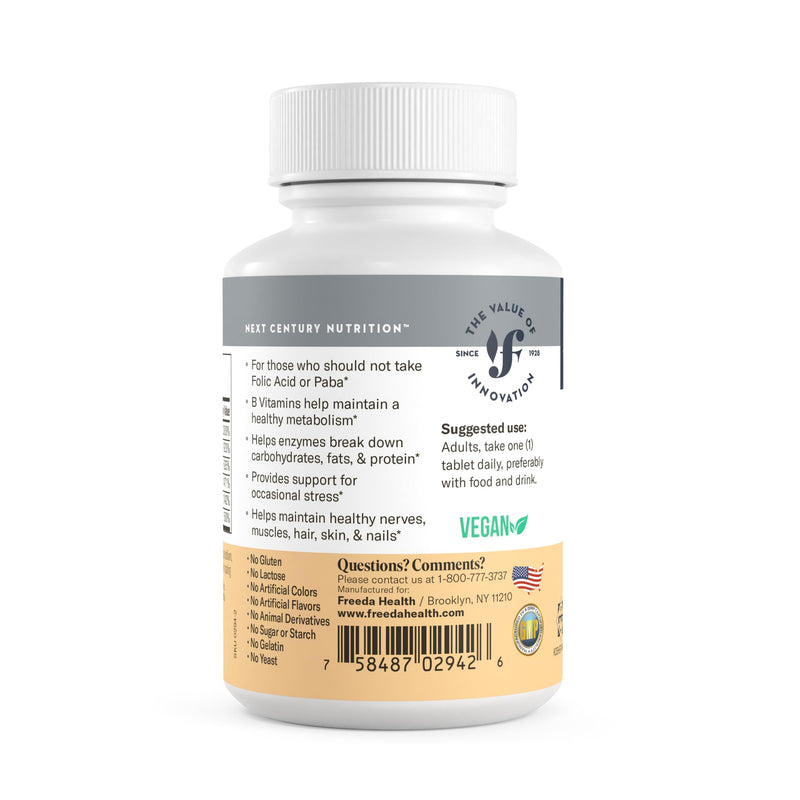 FREEDA Super B-Complex Vitamin Supplement – No Folic Acid or PABA, 250ct | Supports Energy, Metabolism, & Cellular Function – Balanced B Vitamins for Men & Women – Kosher, Vegan, Gluten-Free, USA Made 250 count