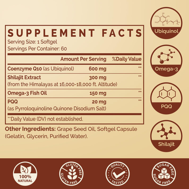 Ubiquinol CoQ10 600 MG Softgels with Omega-3 & Shilajit & PQQ, Advanced Dual-Delivery Coenzyme-Q10, Active CoQ10 Ubiquinol Supplement for Fertility, Antioxidant, Heart, Brain & Energy, 180 Servings 60 Count (Pack of 3)