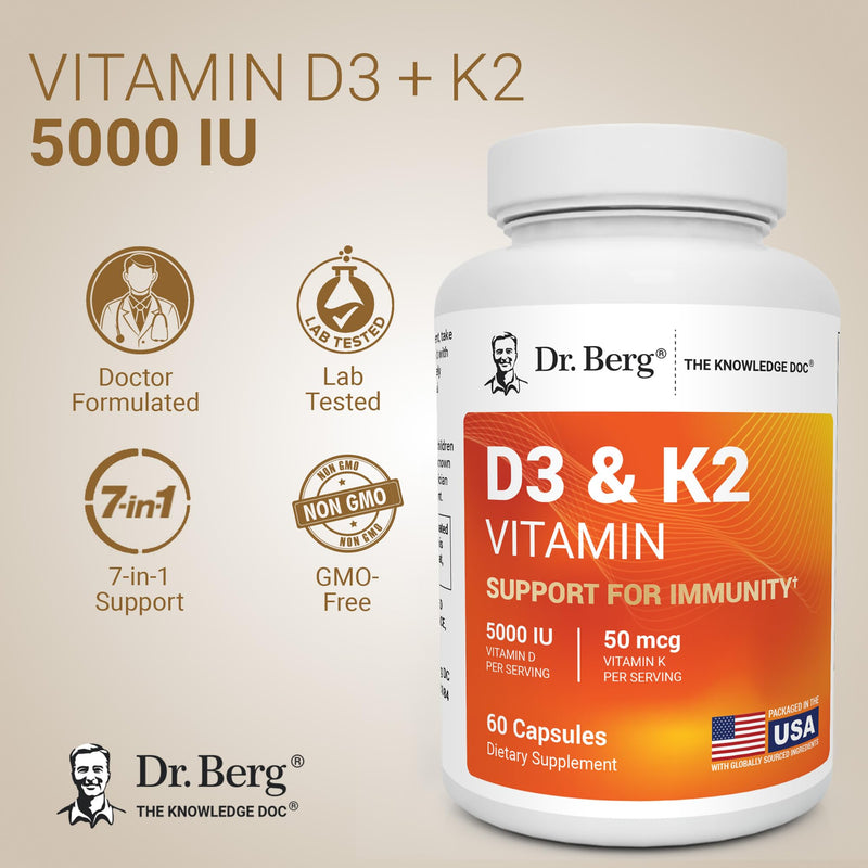Dr. Berg Maximum Strength 7-in-1 Vitamin D3 K2 5000 IU | Naturally Derived D3 | 4X Lab-Tested & Verified | High Absorption Formula | K2 D3 Vitamin Supplement | 60 Capsules 60 Count (Pack of 1)