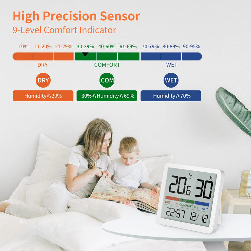 NOKLEAD Indoor Hygrometer Thermometer - Digital Temperature & Humidity Monitor with Calibration, Clear LCD Display & Clock, Accurate Room Gauge for Home, Baby Room, Office (2-Pack) 2