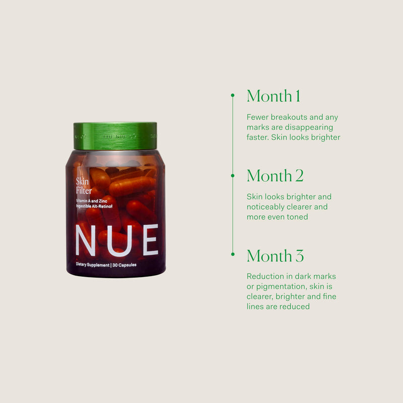 The Nue Co. Skin Filter Supplement - Brightens, Smooths & Evens Skin Tone - Calms Blemishes & Supports Collagen - with Beta Carotene, Vitamin C & Zinc - Vegan & Gluten Free | 30 Capsules