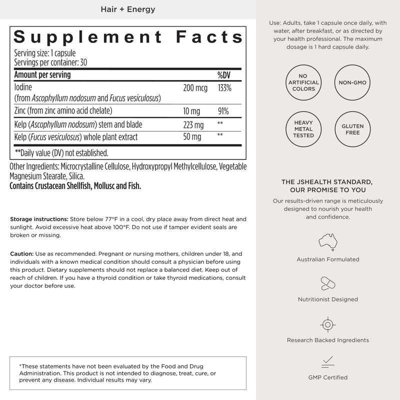 JSHealth Hair Growth Vitamins for Women. Hair + Energy with Kelp Iodine and Zinc. Supports Thickness, Strength, Energy. Nutritionist-Formulated (30 Capsules) | Hair Vitamins for Women and Men, Zinc and Iodine Hair Supplements for Hair Growth