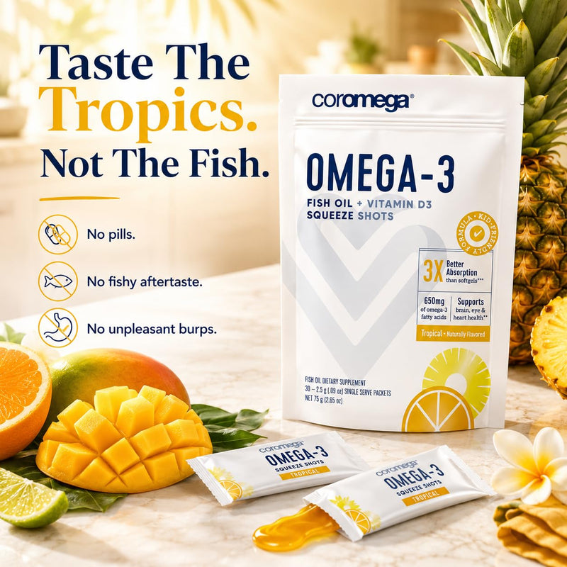 Coromega - Omega 3 Tropical Flavor - 30 Packets - 650mg | 3X Better Absorption Than Softgels, Tropical Flavor, Single-Serve Squeeze Shots, No Fishy Aftertaste, Easy To Enjoy 30 Count (Pack of 1)