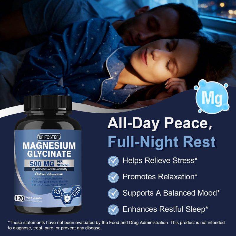 DRFOSTER Chelated Magnesium Glycinate 500mg with Zinc, 120 Veggie Capsules | High Absorption Supplements with Vitamin D3 for Sleep, Muscle & Bone Support, Leg Cramps Relief, Non-GMO 120 Count (Pack of 1)