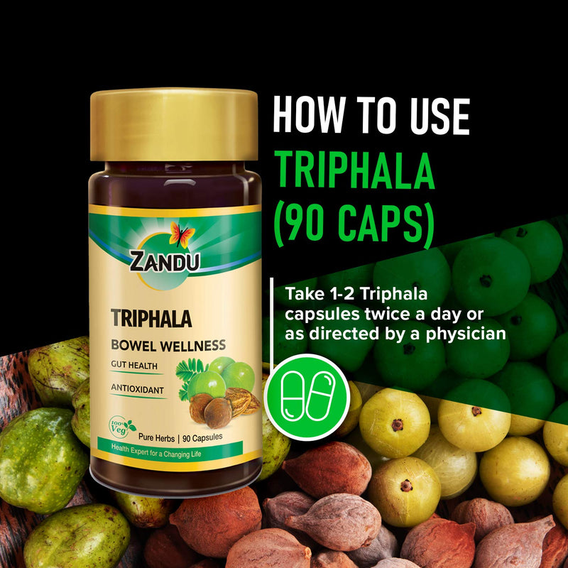 Zandu Triphala Capsules, Supports Bowel Wellness & Healthy Gut, Helps to Boost Immunity & Useful for Digestion, Antioxidant Properties - 90 Veg Capsules - BeesActive Australia