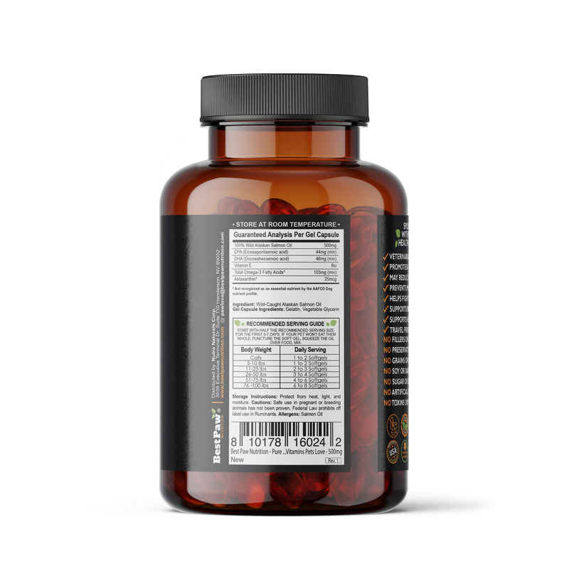 Wild Alaskan Salmon Oil for Dogs and Cats | Omega 3 Fish Oil Soft Gel Capsules | Skin and Coat, Joint and Heart Support | 500mg EPA DHA | 60 Count