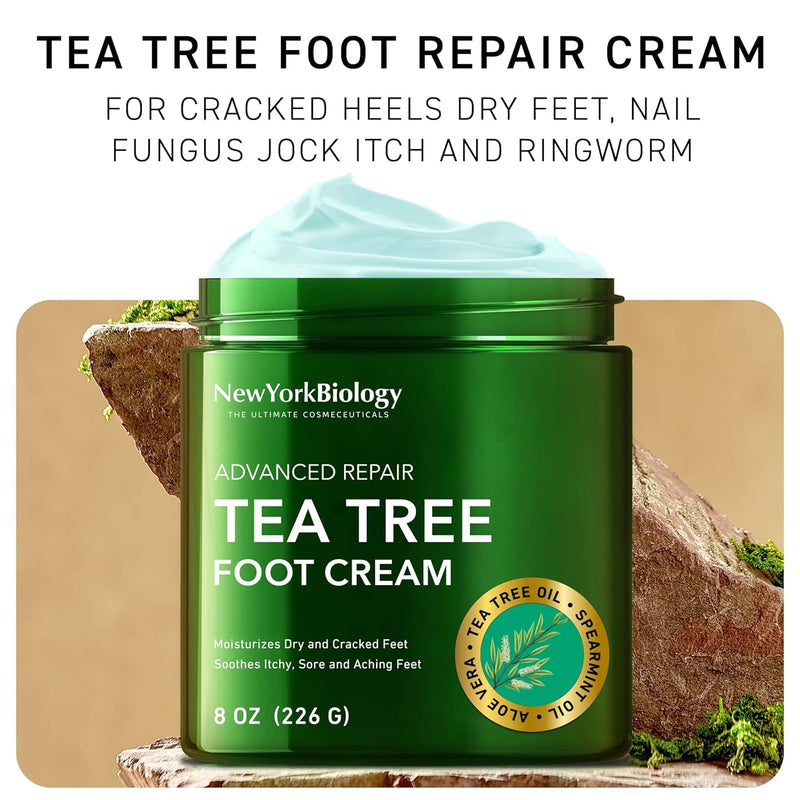 New York Biology Tea Tree Oil Foot Cream for Dry Cracked Feet, Athletes Foot, Nail Fungus, Jock Itch, Ringworm, Cracked Heels and Itchy Skin - Foot Cream - 8 oz - Pack of 2 Tea Tree Oil - 8.00 Ounce (Pack of 2) 8.00 Ounce (Pack of 2)
