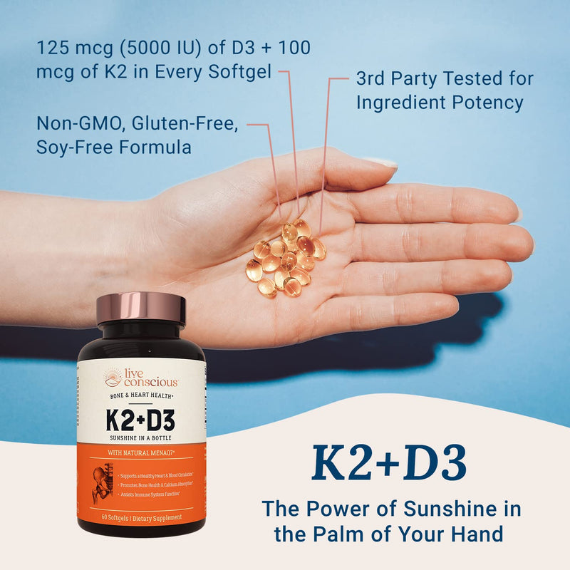 Live Conscious Vitamin K2 MK7 with D3 Supplement | Bone & Heart Health Support - Patented Vitamin K & Vitamin D3 5000 IU (2-Pack) 60 Count (Pack of 2)