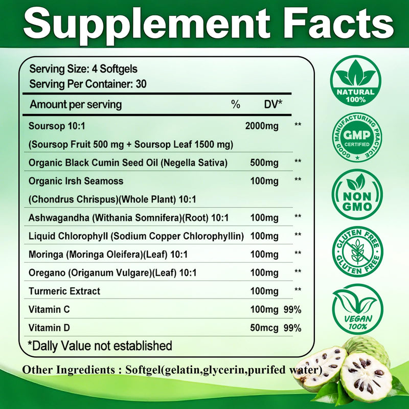 Soursop Supplement Softgels with Soursop Leaf, Fruit & Black Seed, 10-in-1 | Extra Strength Sour Sop Herbal Formula w. Irish Sea Moss & Moringa for Immune & Antioxidant Support, Vegan, Non-GMO, 120Count