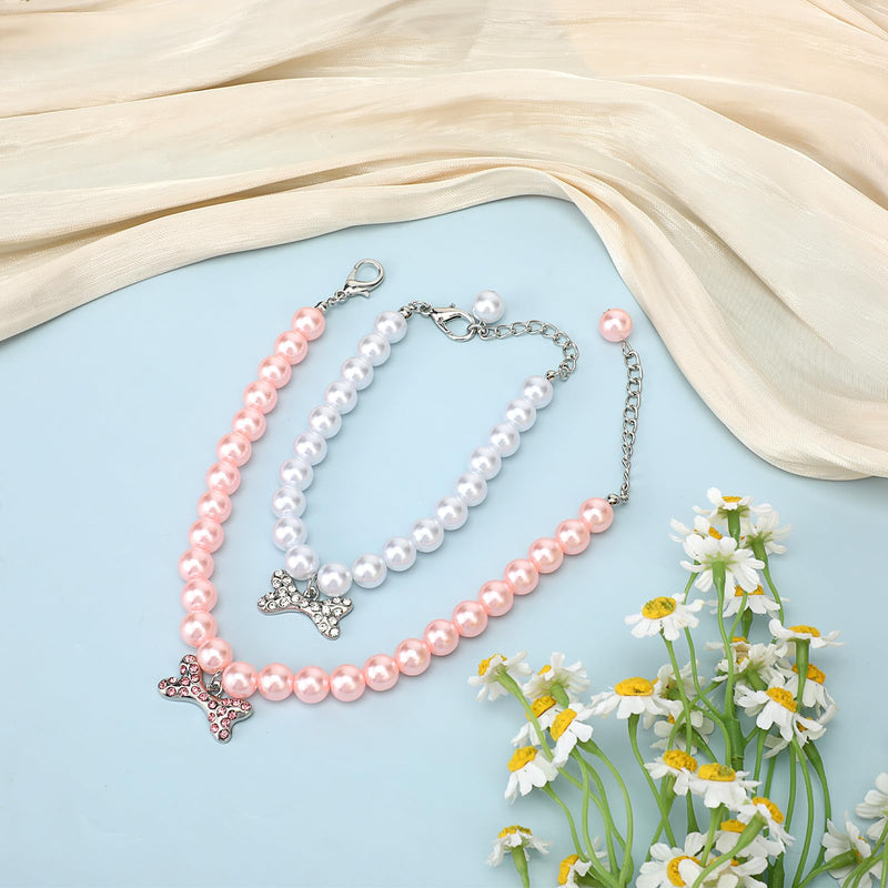 Small Dog Cat Pearl Collars and Pearl Necklace Set Fancy Cat Wedding Collar Jewelry with Bling Rhinestones for Girl Cat Puppy Dogs Kitten Party Wedding Birthday Accessories, Pink+white - BeesActive Australia