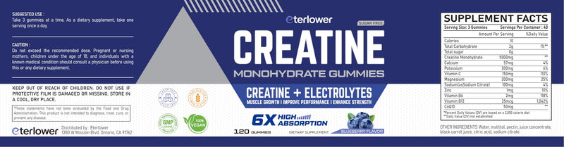 Creatine Monohydrate Gummies 5g, Pre & Post Workout Energy & Muscle for Men & Women | Blueberry Electrolyte Vitamin C/B6/B12 Gummies, 120 Count 119 Count (Pack of 1)