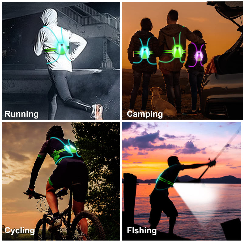 LED Reflective Running Vest Lights for Runners, Running Lights with Front Light, Safety USB Rechargeable Reflective Night Lights For Men/Women Running Walking Cycling, Three Light Modes with 7 Colors Green