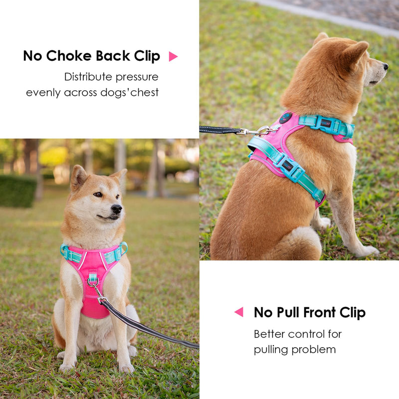 PHOEPET No Pull Dog Harness, Reflective Dog Vest with Soft Training Handle for Small, Medium and Large Dogs (Pink Base and Green Straps, S) Pink Base and Green Straps - BeesActive Australia