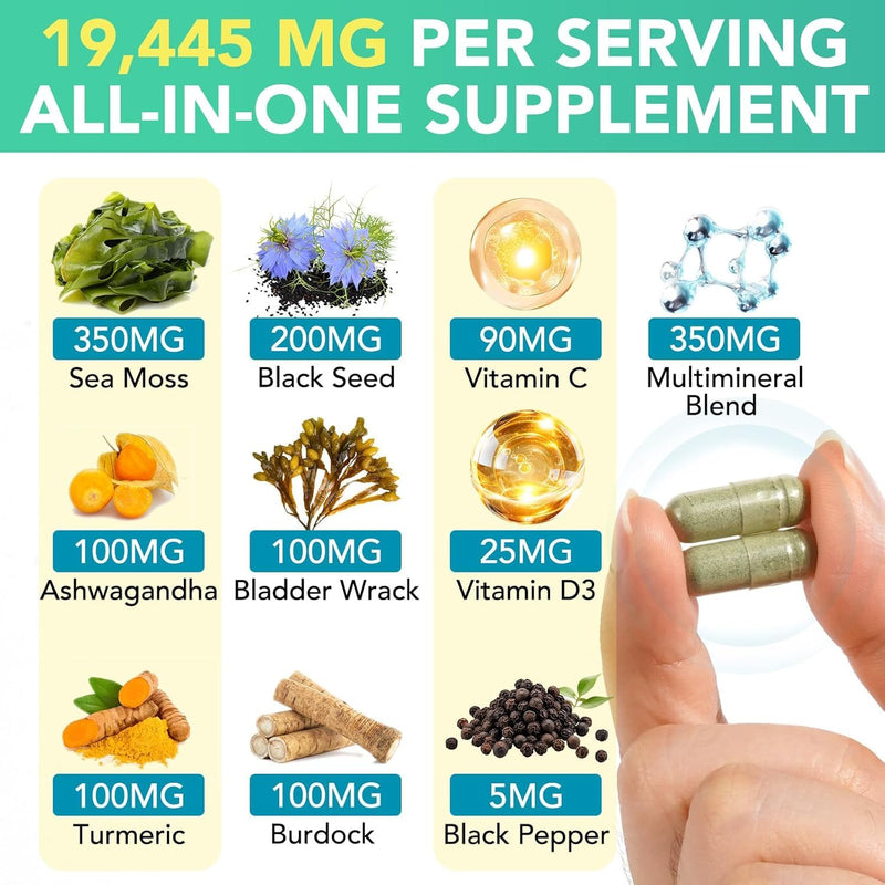 Sea Moss Black Seed Oil Ashwagandha Ginger Capsules with Turmeric Bladderwrack Burdock & Vitamin C Vitamin D3 with Elderberry Manuka Dandelion Yellow Dock Iodine Chlorophyll ACV