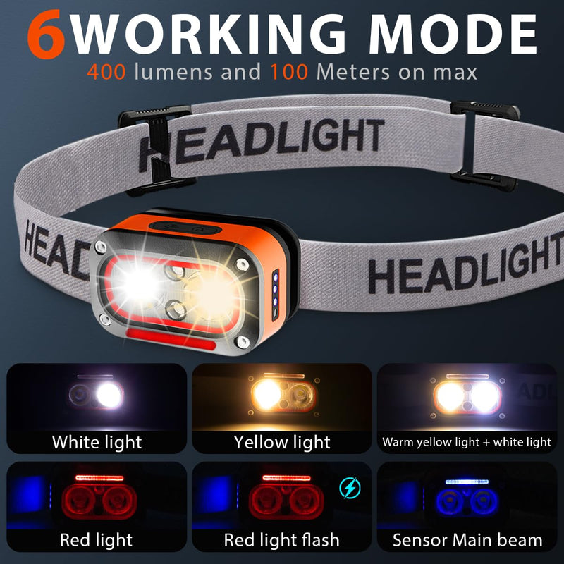 Headlamp Rechargeable 4PCS,400 Lumen Head Lights for Forehead,5 Modes Waterproof Motion Sensor Head Lamp,Headlamp Flashlight,LED Rechargeable Headlight for Running,Fishing,Hiking,Camping 4 Pack