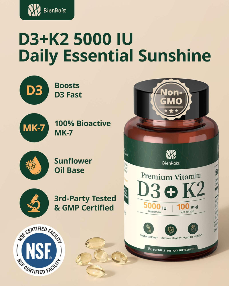 Vitamin D3 K2 5000IU, All-Trans MK-7 100mcg, 180 Softgels | Sunflower Seed Oil, GMP-Certified, Gluten Free, Bone & Heart Health, Immune Support, 3rd-Party Tested 180 Count (Pack of 1)