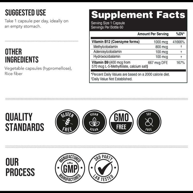 BioActive Vitamin B12 - 1000 mcg, Contains All 3 Coenzyme Forms (Methyl, Adenosyl & Hydroxy) Plus Methylfolate Cofactor | Supports Energy, Metabolism & Mood | Vegan, Non-GMO (60 Servings) 60 Count (Pack of 1)