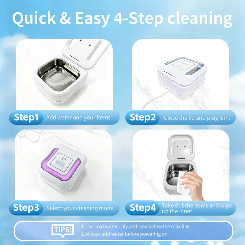 Ultrasonic Retainer Cleaner for Aligners, Mouth Guards & Dentures, 42kHz Compact Ultrasonic Denture Cleaner with Digital Timer, Portable Dental Cleaner for Home & Travel (White)