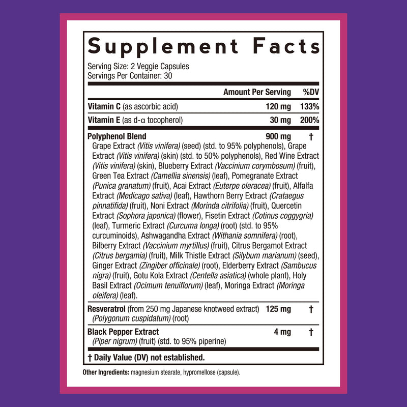 Doctor's Recipes 26-In-1 Resveratrol Complex 1179mg, Trans-resveratrol from Japanese Knotweed, 20+ Polyphenol Extracts, Vitamins C & E, Antioxidant Support, Heart Health & Immune Function, 60 Capsules
