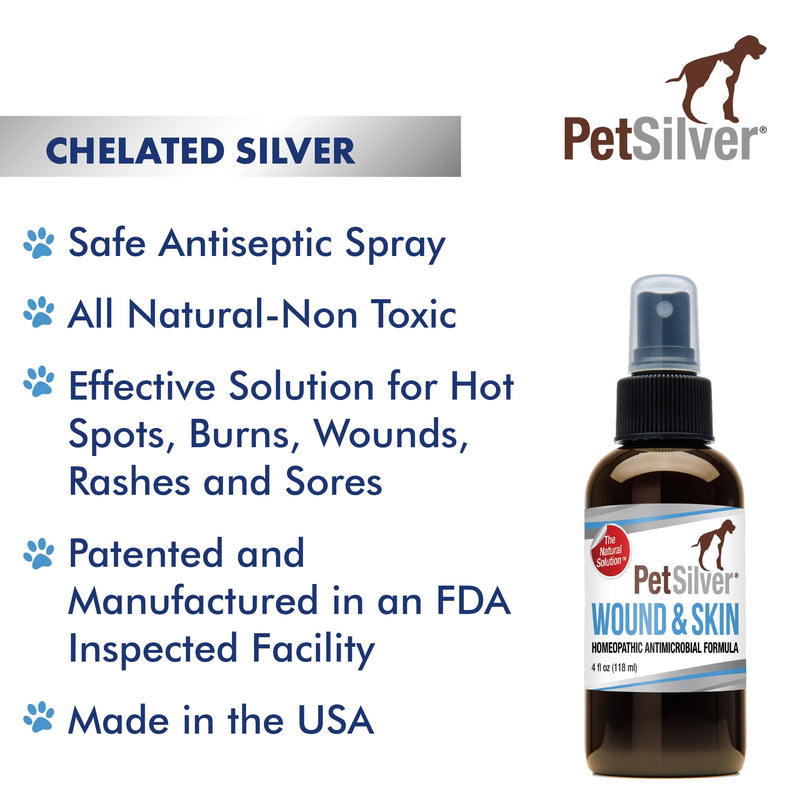 PetSilver Wound & Skin Spray with Patented Chelated Silver, Allergy Relief for Dogs Itching, Hot Spot Treatment for Dogs, Cat and Dog Wound Care, Natural Skin Soother for Dogs, USA, 4 fl. oz. 4 oz - BeesActive Australia