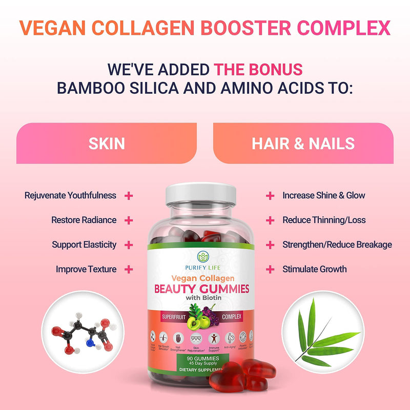 Vegan Collagen Booster Gummies with Biotin, Support Hair, Skin, Nail Health | Collagen support superfruit complex with vitamin A, E, C & biotin - tasty alternative to capsules & pills, vegan, made in USA Beauty Gummies