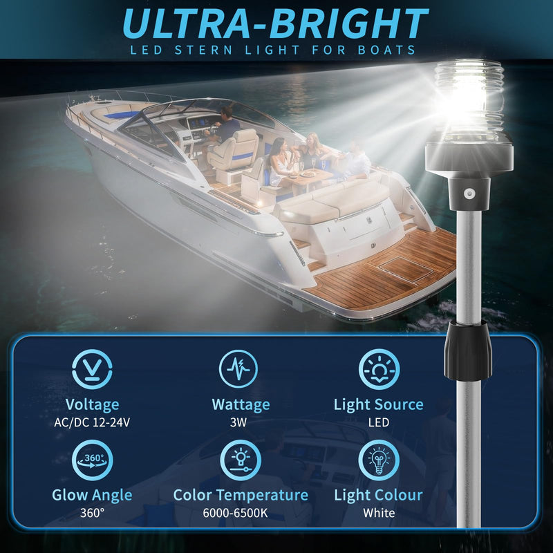 Telescoping Boat Stern Light Marine Anchor Light, 26"-48" Adjustable Rear Boat Lights Pole LED with Base, White Boats Navigation Lights for Bass, Fishing, Jon Boats, Pontoon 12-24V (Sliver) Sliver - BeesActive Australia