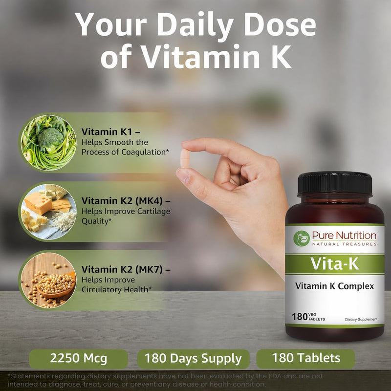 Pure Nutrition Vitamin K Complex K1 + K2 | 2250 mcg | 180 Tab | Full Spectrum K Vitamin Supplement with K1 1000mcg | Non GMO | Gluten Free 180 Count (Pack of 1)