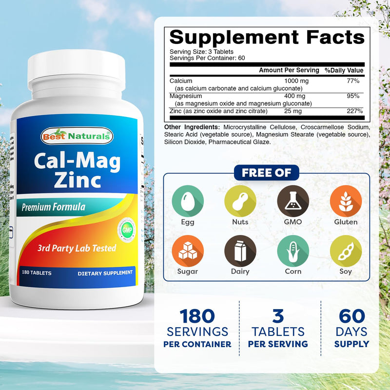 #1 CAL MAG ZINC by Best Naturals - Essential Mineral Complex - Manufactured in a USA Based GMP Certified Facility and Third Party Tested for Purity. Guaranteed!!, 180 Tablets Unflavored 180 Count (Pack of 1)