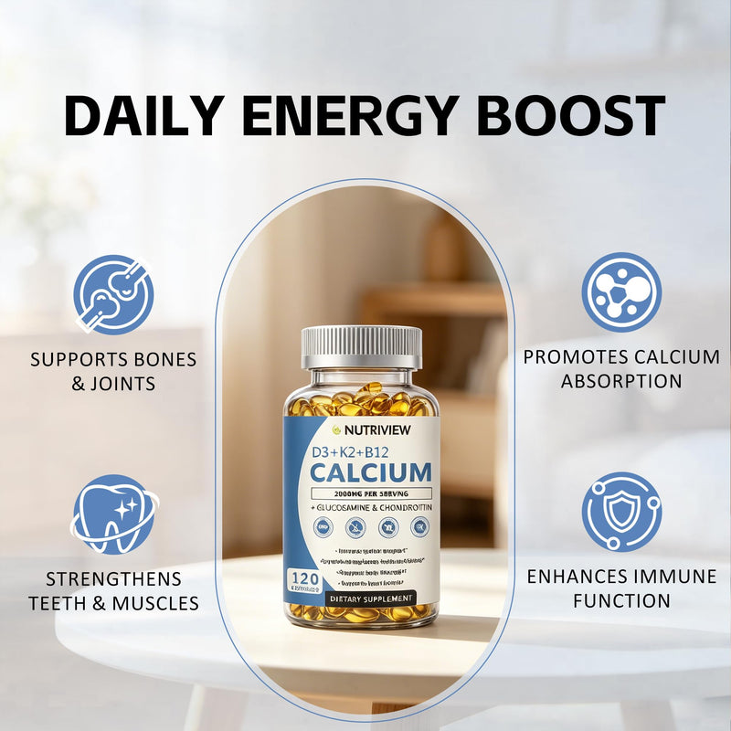 Nutriview Calcio 2000 mg with D3, K2, B12 & Glucosamine, 120 Count | Calcium formula with D3, K2, B12, and glucosamine for adults, designed for a simple daily mineral routine