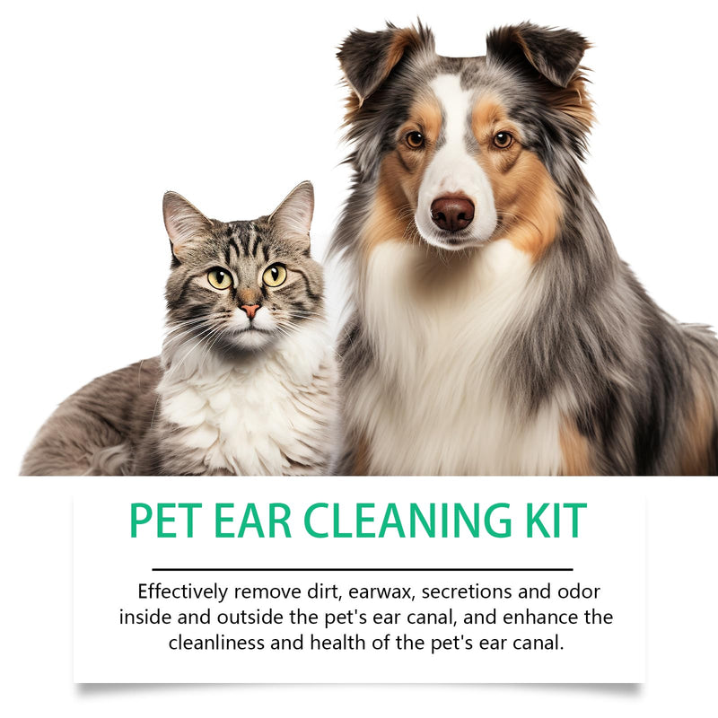Dog Ear Cleaning Kit for Dogs and Cats, Pet Ear Care Grooming Tool Set with Pet-Safe Silicone Ear Cleaner, Tweezers, Scissors, Cotton Swabs and Cleaning Cloth