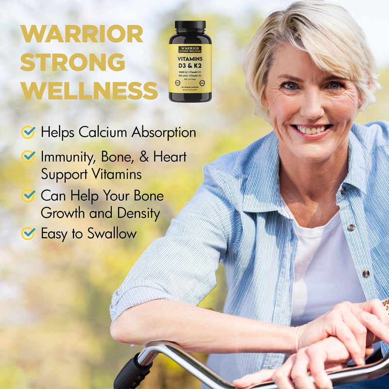 Vitamin D3 and K2 Supplement, 60 Capsules | 5000IU Vitamin D3, 180MCG Vitamin K2, Immune, Heart Health, 2 Month-Supply, Veggie Capsules