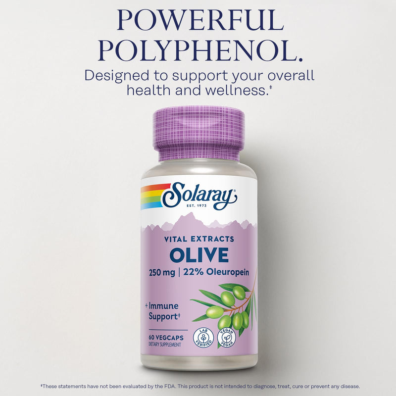 SOLARAY Olive 250mg - Olive Leaf Extract Capsules with 22% Oleuropein, Plus Lemon Balm - Polyphenols Supplement for Wellness Support - Vegan, 60-Day Guarantee, Lab Verified - 120 Servings, 60 VegCaps 60 Count (Pack of 1)