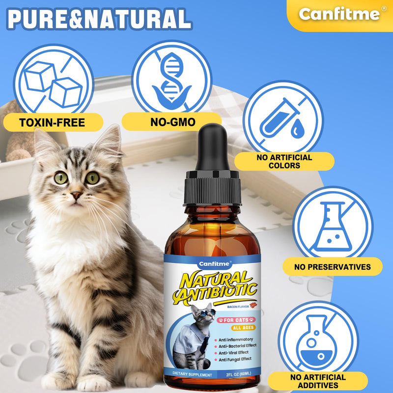 Antibiotic for Cats, Cat Antibiotics for Infection, Natural Antibiotic Pet Supplements, Supports Allergy Itch,Cough Relief,Immune Support -Proper for All Ages & Breeds-Bacon Flavor | 2 Fl Oz