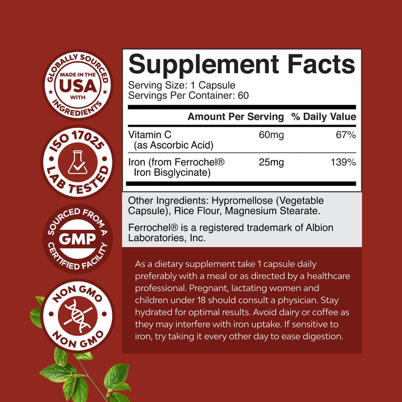 Slow Release Iron Supplement for Women & Men - Supports Health - Blood Support Iron Bisglycinate with Vitamin C - Gentle Energy & Immune Support - High Absorption Ferrous Bisglycinate - 60 Ct - 3pk 60 Count (Pack of 3)