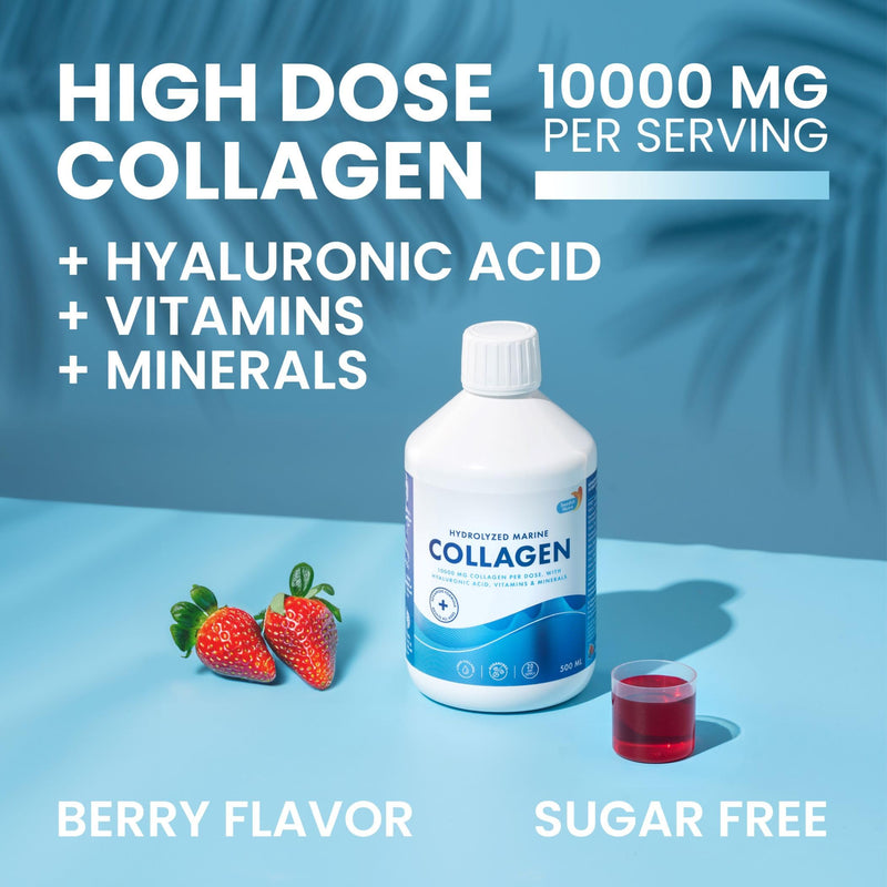 Swedish Nutra Marine Collagen 10,000 mg Liquid, 500 ml, 20 Day | 10,000mg marine collagen with hyaluronic acid, biotin & vitamin C for healthy hair, skin, nails & joints; sugar-free Liquid Marine Collagen 10000mg x 500 ml