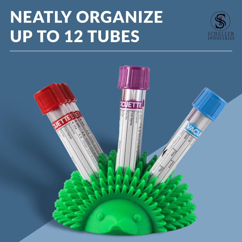 Schaller Industries Hedgehog Test Tube Rack – for 13mm Lab Vertical Storage Tubes Organizer, Holds 12 Glass or Plastic Test Tube Holder Rack, Vial Holder, Phlebotomy Supplies and Equipment– Green 13mm Tubes