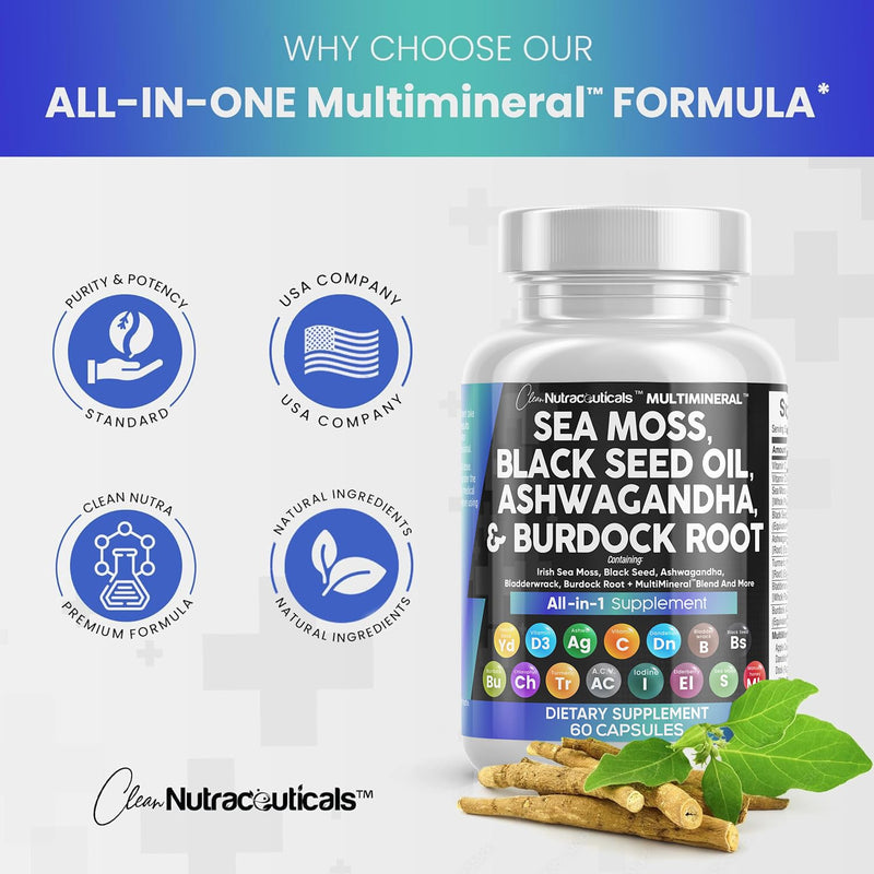 Sea Moss 3000mg Black Seed Oil 2000mg Ashwagandha 1000mg Turmeric 1000mg Bladderwrack 1000mg Burdock & Vitamin C Vitamin D3 with Elderberry Manuka Dandelion Yellow Dock Iodine Chlorophyll ACV - 2Pack - BeesActive Australia