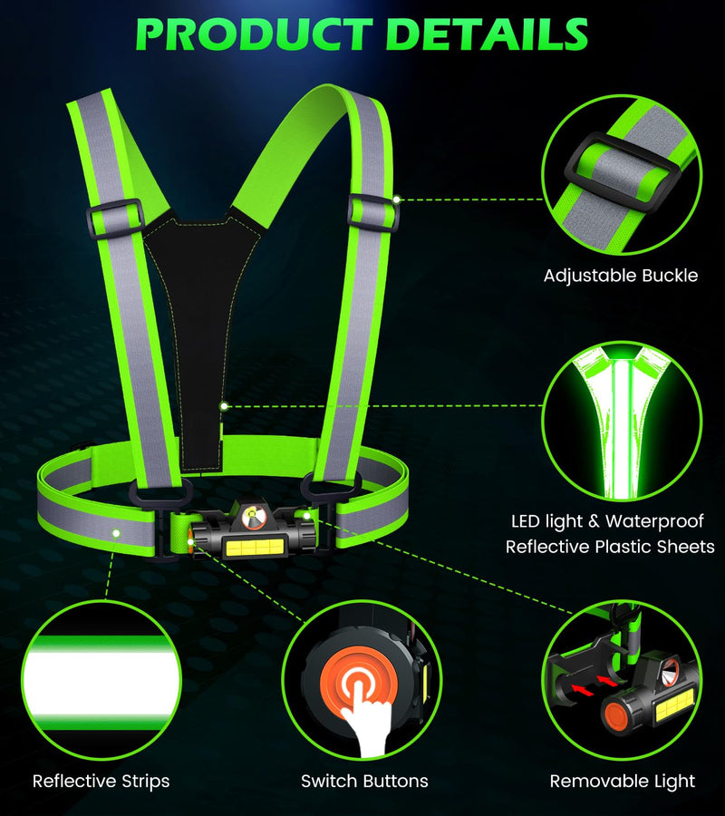 Running Lights for Runners,90°Adjustable LED Reflective Vest Running Gear,Rechargeable Chest Light Up Running Vest Night Walking Safety Gear for Night Walking/Cycling/Jogging Green - BeesActive Australia