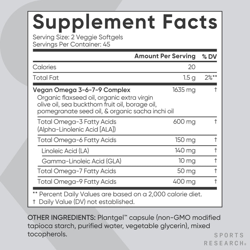 Sports Research® Vegan Omega 3·6·7·9 Complex 1635mg, 90 Count Plantgels™ | Sourced from Organic Flaxseed, Olive Oil, Sea Buckthorn, Pomegranate Seed, Sacha Inchi, Borage Oil