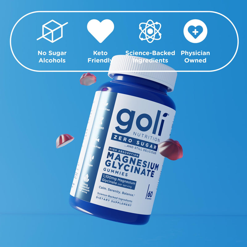 Goli Zero Sugar Magnesium Gummies - 125mg Magnesium (from Magnesium Glycinate) with Vitamin D - No Artificial Sweeteners, No Sugar Alcohols - Vegan, Keto-Friendly, Gluten-Free 60 Count
