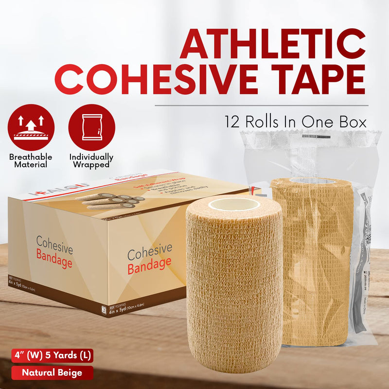 HEALQU Self Adhesive Bandage Wrap – 4" x 5 Yard, 12 Rolls Cohesive Tape for Athletic & Sports - Self Adherent Medical Tape, Flexible, Waterproof Elastic Bandages for Wrist & Ankle Vet Wrap for Dogs 4 Inch Box of 12 - BeesActive Australia
