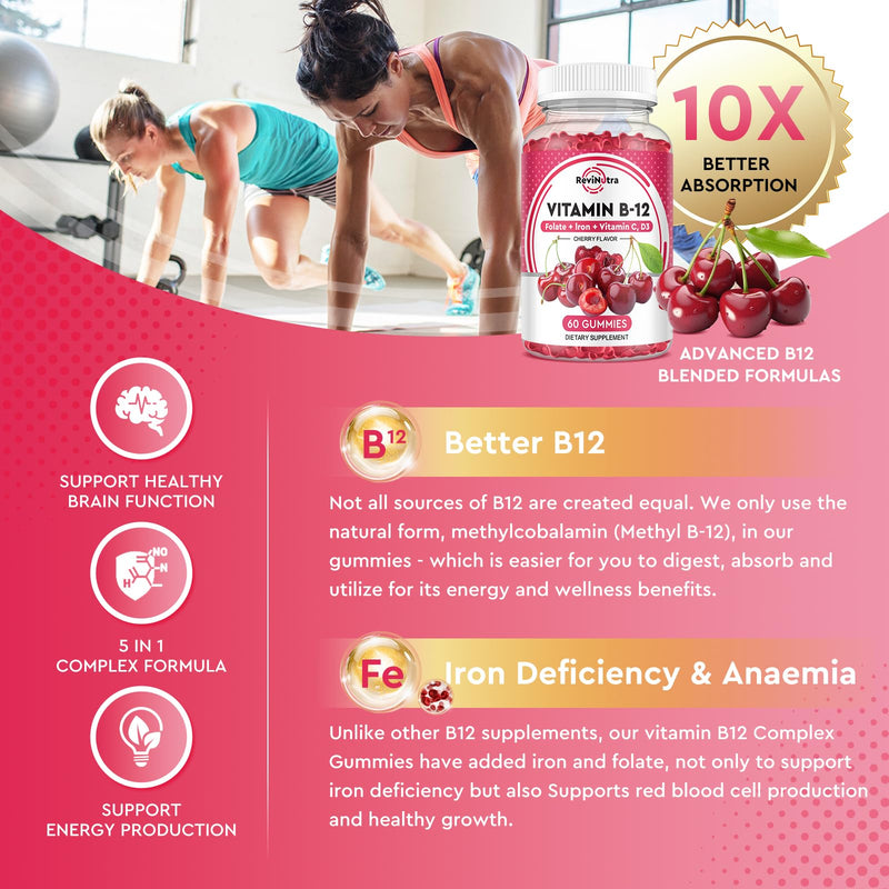 Vitamin B12 Gummies - 5000 mcg Methylcobalamin with Iron, Vitamin C, D3 & Folate, Energy Support and Metabolism, Immune, B-12 Complex Chewable Supplement for Men & Women, 120 Count, 2 Pack Cherry 60 Count (Pack of 2)