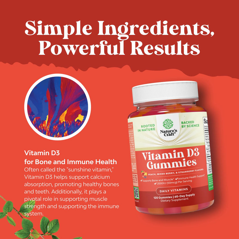 Natures Craft Vitamin D3 Gummies for Daily Wellness - Delicious Vitamin D Gummies for Adults with D3 2000IU per Serving Bone Muscle & Immune Support - Non-GMO Gelatin & Gluten Free - 120 Count 120 Count (Pack of 1)