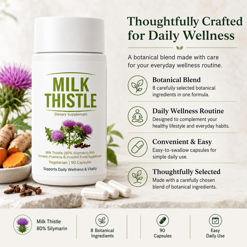 Milk Thistle Liver Detox, Vegan Support, 90 Capsules | 8 In 1 Blend Liver Support Supplement with 80% Silymarin, Inositol, Turmeric & Vitamin C, Daily Wellness Formula.1pc 1pc