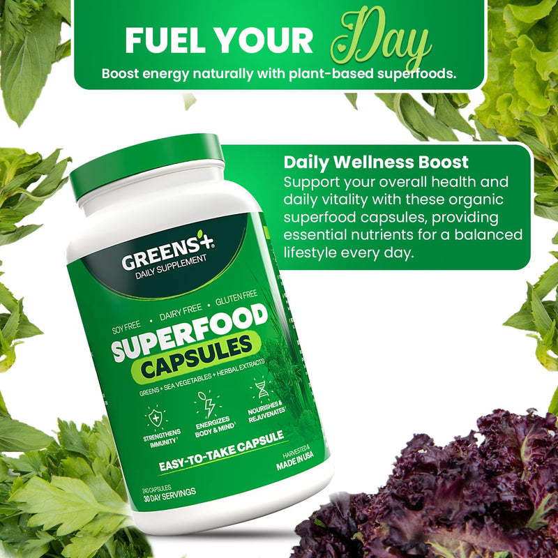 Greens+ Organic Superfood Capsules, Naturals Dietary Supplement | 240 Count | Organic Spirulina and Chlorella, with Alfalfa & Wheat Grass, Vitamins & Minerals Supplements, Gluten-Free, Vegan, Non-GMO