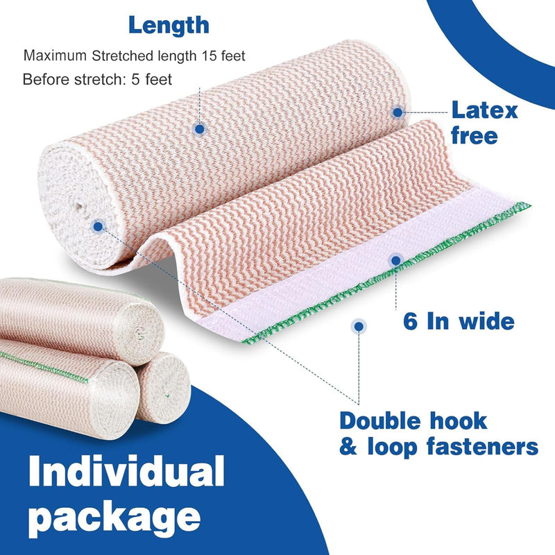 AZEN Premium 5 Pack Elastic Bandage Wrap 6 Inch, Compression Wrap Bandage for Legs, Ankle, Knee, Tummy, Body, Latex-Free, Lymphedema Wraps for Legs A-5p(6in)